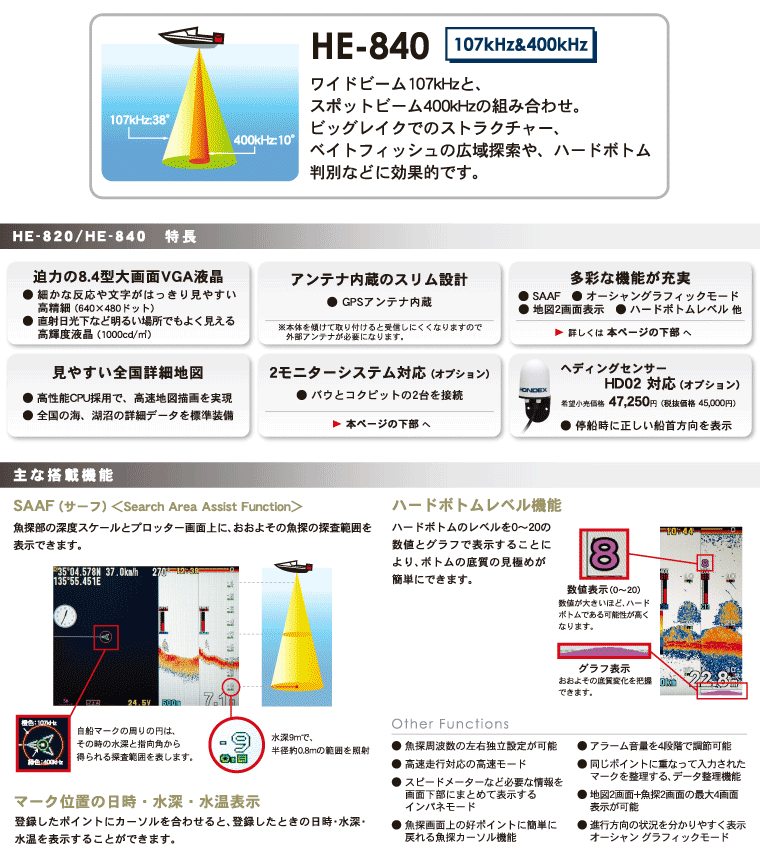 8.4型カラー液晶 プロッター魚探 HE-840 アンテナ内蔵 107/400KHz