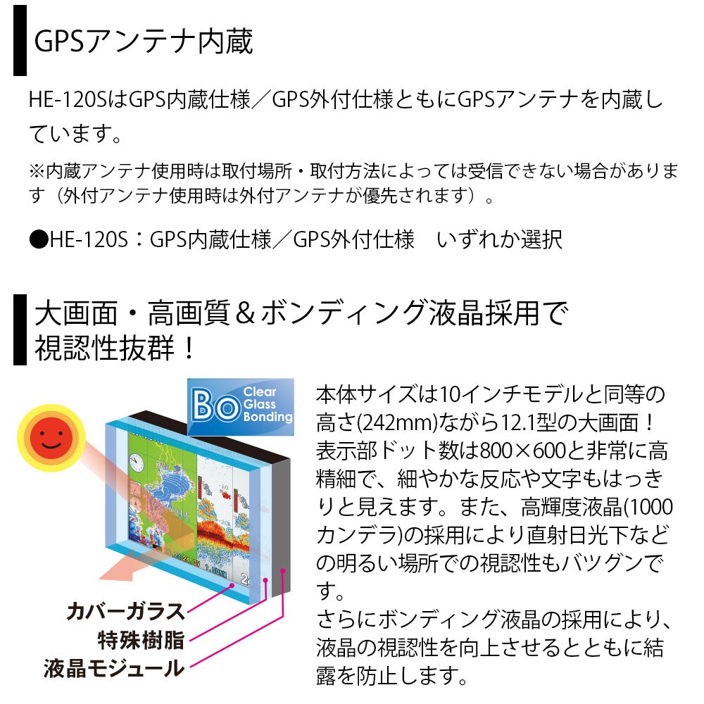 HE-120S GPSアンテナ外付仕様 12.1型カラー液晶 GPSプロッター